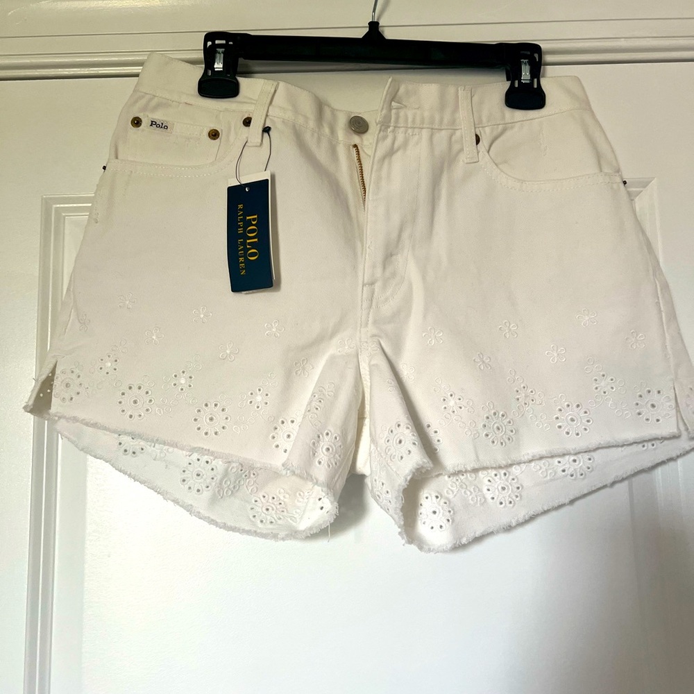 NWT Polo Ralph Lauren The Sophia Cut Off Short Denim Embroidered White Sz 29